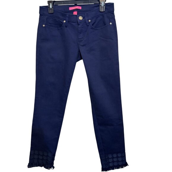 Lilly Pulitzer South Ocean Skinny Crop True Navy Fringe Cuff Pants - Picture 3 of 12